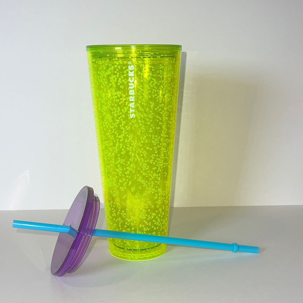 🎁 Starbucks Summer 2023 Neon Yellow Bubbleseed Purple Lid Blue Straw Tumbler 24 - Picture 7 of 7